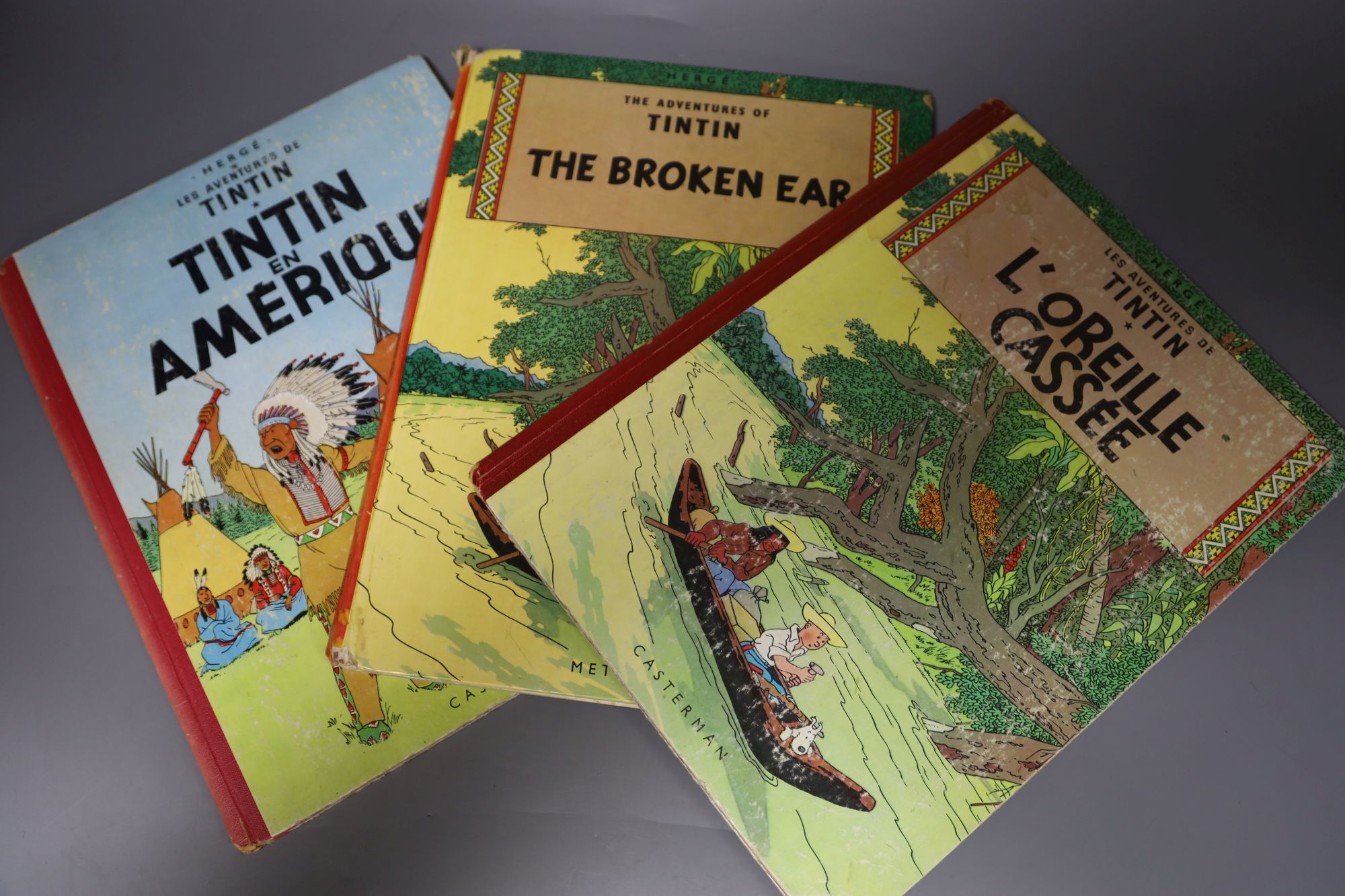 Herge (Remi, George Prosper), Three Works - Les Adventures of Tintin, LOreille Casse, pictorial boards, Casterman, Paris 1947; Tintin